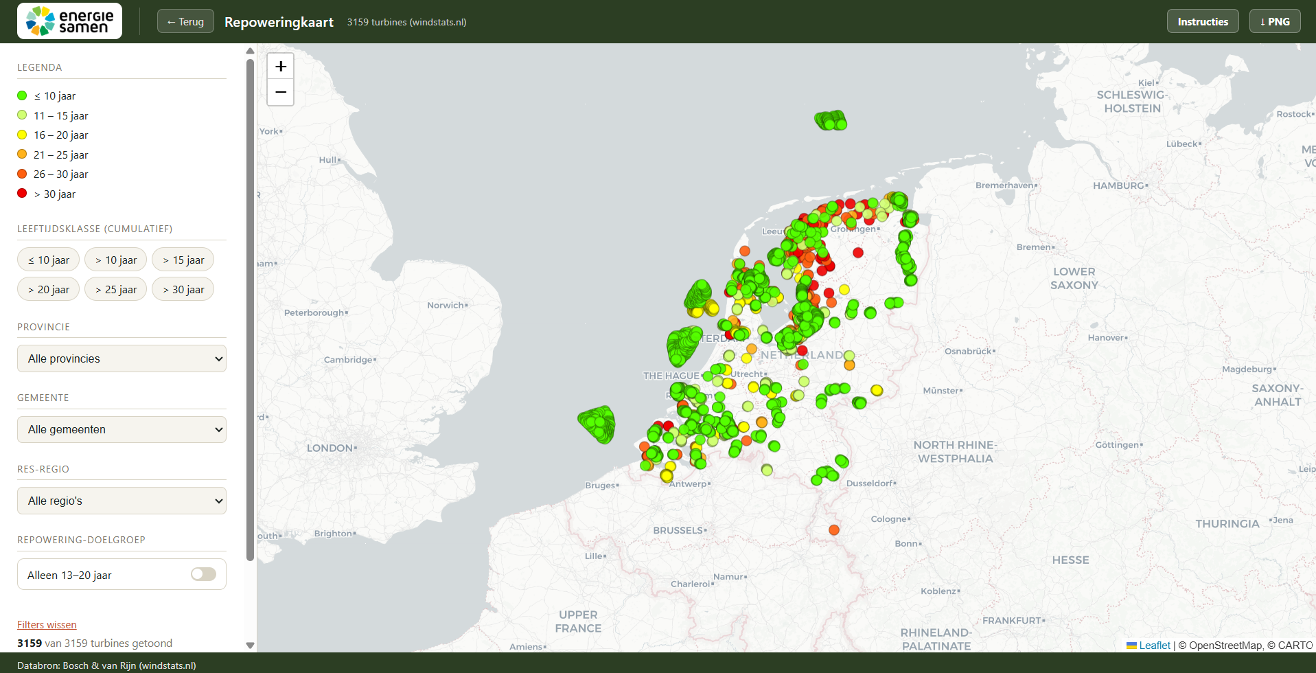 Ownership map of wind and solar production showing progress per RES region as pie charts over a map of the Netherlands