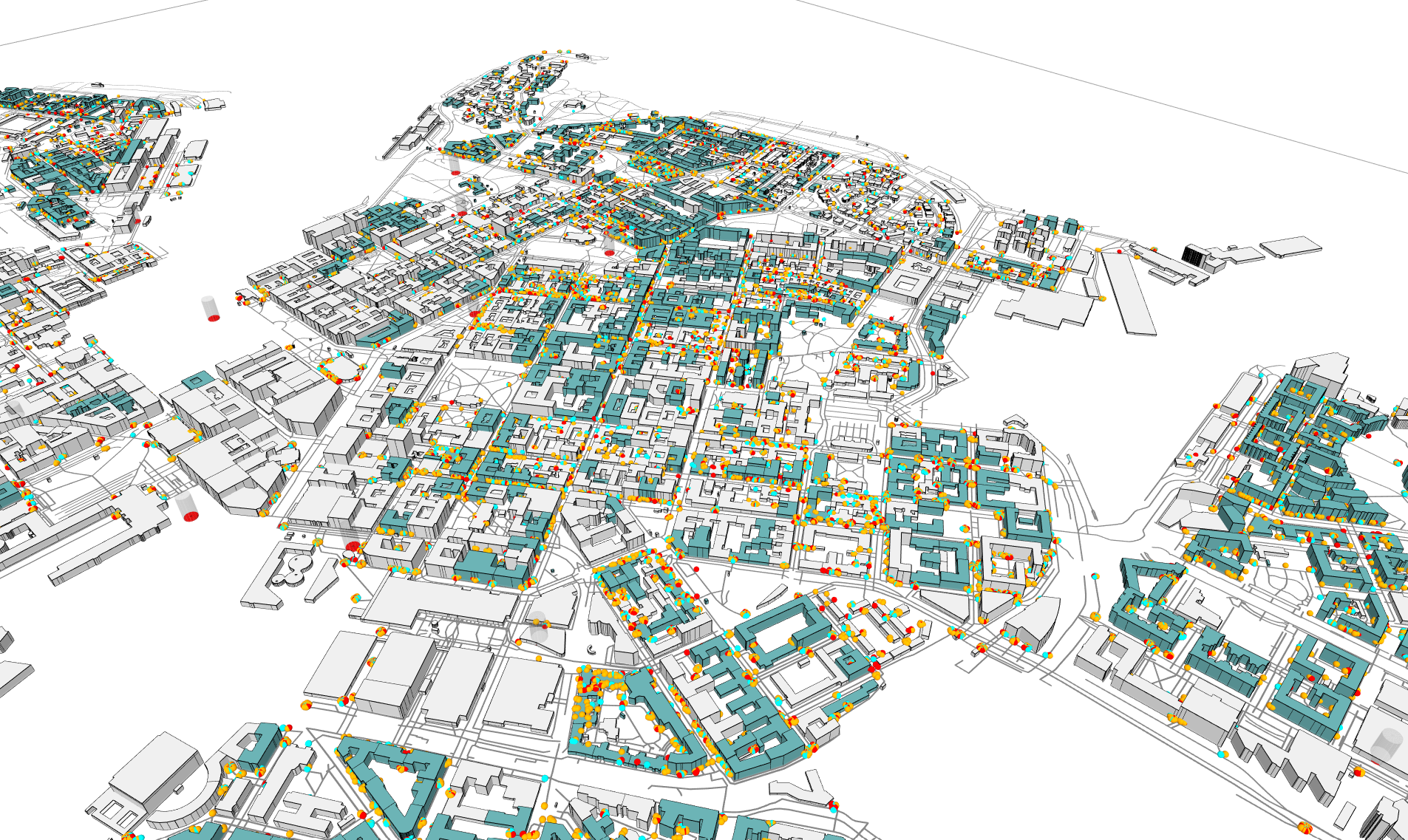 3D model of central Helsinki with extruded buildings and coloured agents distributed across the street network